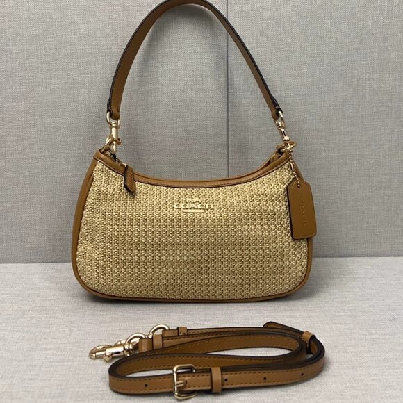 COACH Handbags - COACH CR350 Teri 2way Shoulder Bag Crossbody Straw Leather Latte